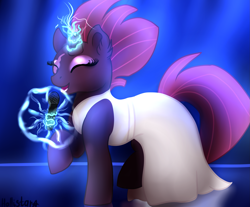 Size: 2777x2304 | Tagged: safe, artist:hollistars, character:tempest shadow, species:pony, species:unicorn, g4, broken horn, clothing, cute, dress, ear fluff, eurovision song contest, eye scar, eyes closed, female, glowing horn, horn, magic, magic aura, mare, microphone, open mouth, raised hoof, scar, signature, singing, solo, sparking horn, tail, telekinesis, three quarter view, white dress