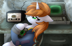 Size: 3400x2204 | Tagged: safe, artist:hollistars, oc, oc only, oc:littlepip, species:pony, species:unicorn, fallout equestria, g4, chair, chest fluff, clothing, colored pupils, computer, crossover, cute, fallout, female, floppy ears, high res, horn, jumpsuit, mare, pipbuck, profile, radio, sitting, smiling, solo, stable, terminal, unicorn oc, vault, vault suit