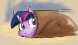 Size: 736x434 | Tagged: safe, artist:zutcha, character:twilight sparkle, species:pony, g4, blanket burrito, colored, colored sketch, cute, female, looking at you, looking up, looking up at you, sketch, solo, twiabetes