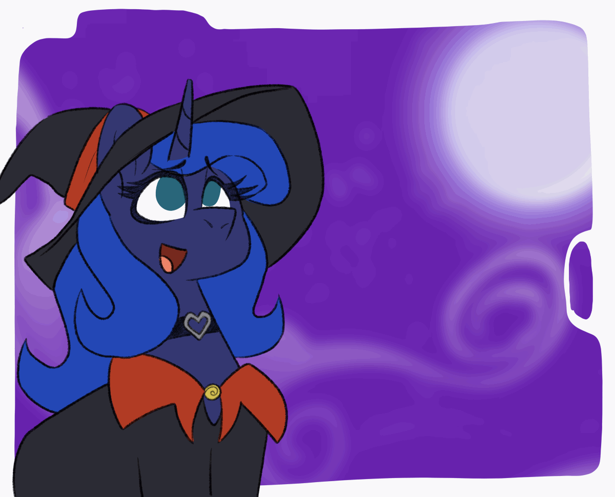 Size: 1200x971 | Tagged: safe, artist:slimewiz, character:princess luna, species:alicorn, species:pony, g4, alternate hairstyle, animated, blushing, bronybait, choker, clothing, collar, cosplay, costume, cute, dialogue, disguised changeling, explicit source, eyebrows, eyebrows visible through hair, female, fishnets, hat, jewelry, lunabetes, mare, necklace, no pupils, raised hoof, solo, speech bubble, stockings, text, thigh highs, witch, witch hat