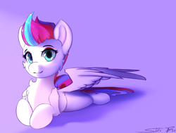 Size: 2940x2219 | Tagged: safe, artist:skitsroom, artist:tyleks, character:zipp storm, species:pegasus, species:pony, g5, adorazipp, cheek fluff, chest fluff, collaboration, colored wings, cute, eyebrows, female, leg fluff, looking at you, lying down, mare, multicolored wings, prone, purple background, signature, simple background, smiling, solo, wings