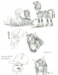 Size: 1100x1419 | Tagged: safe, artist:baron engel, oc, oc only, oc:lutanna, oc:petina, species:pony, species:unicorn, species:zebra, black and white, braid, bridle, collar, dialogue, ear piercing, earring, explicit source, female, floppy ears, grayscale, grimdark source, horn, jewelry, male, mare, monochrome, pencil drawing, piercing, simple background, story in the source, tack, text, traditional art, unshorn fetlocks, white background