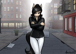 Size: 1280x905 | Tagged: safe, artist:apocheck13, oc, oc:elya, species:earth pony, species:pony, building, city, clothing, crossed arms, eyebrows, female, fog, frown, jacket, leather jacket, looking at you, mare, pants, road, sidewalk, solo focus