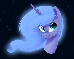 Size: 1575x1268 | Tagged: safe, artist:thebatfang, character:princess luna, species:alicorn, species:pony, g4, black background, bust, cute, eye clipping through hair, eyelashes, female, freckles, looking sideways, lunabetes, mare, portrait, s1 luna, simple background, smiling, solo, stars