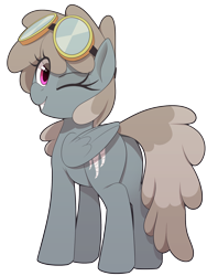 Size: 1500x2000 | Tagged: safe, artist:thebatfang, idw, character:dust devil, species:pegasus, species:pony, g4, cute, cutie mark, eye clipping through hair, eyelashes, female, folded wings, goggles, looking at you, looking back, looking back at you, mare, simple background, solo, transparent background, wings, winking at you