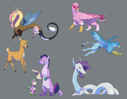 Size: 2467x1920 | Tagged: safe, artist:pasu-chan, character:applejack, character:fluttershy, character:pinkie pie, character:rainbow dash, character:rarity, character:spike, character:twilight sparkle, species:deer, species:draconequus, species:dragon, species:griffon, species:pony, species:sea serpent, series:noodleverse, g4, alternate universe, deerified, draconequified, dragonified, female, griffonized, ponified, species swap