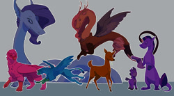 Size: 1280x706 | Tagged: safe, artist:pasu-chan, character:applejack, character:fluttershy, character:pinkie pie, character:rainbow dash, character:rarity, character:spike, character:twilight sparkle, species:deer, species:draconequus, species:dragon, species:griffon, species:pony, species:sea serpent, series:noodleverse, g4, alternate universe, deerified, draconequified, dragonified, female, griffonized, ponified, size comparison, species swap