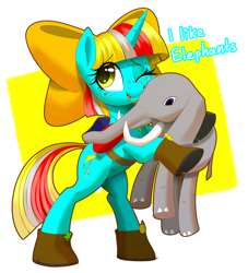 Size: 1914x2105 | Tagged: safe, artist:thebatfang, oc, oc only, oc:terri softmare, species:pony, species:unicorn, 4chan, bow, cutie mark, elephant, eye clipping through hair, eyebrows, eyebrows visible through hair, eyelashes, female, freckles, hair bow, hoof boots, mare, one eye closed, open mouth, plushie, saddle bag, simple background, solo, tail, terry davis, toy