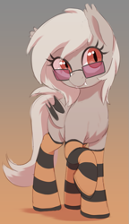 Size: 497x860 | Tagged: safe, artist:thebatfang, oc, oc only, oc:aurora blossom, species:bat pony, species:pony, bat wings, cute, cute little fangs, eyelashes, fangs, female, folded wings, glasses, hooves, looking sideways at you, mare, ocbetes, one hoof raised, sharp teeth, simple background, solo, striped stockings, wings