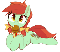 Size: 2300x2000 | Tagged: safe, artist:thebatfang, character:candy apples, species:earth pony, species:pony, g4, apple family member, bow, braid, braided pigtails, candy apple (food), clothing, cute, cutie mark, eye clipping through hair, eyelashes, female, hair bow, looking at you, lying down, mare, prone, scarf, simple background, smiling, solo, transparent background