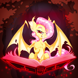 Size: 2500x2500 | Tagged: safe, artist:rurihal, character:flutterbat, character:fluttershy, species:bat pony, species:pony, g4, bat ponified, bat wings, book, chest fluff, colored eyebrows, colored hooves, ear fluff, ear tufts, eyebrows, female, grin, hooves, leg fluff, looking at you, mare, race swap, raised hoof, red eyes, sitting, slit pupils, smiling, smiling at you, solo, spread wings, tattered, tattered wings, unshorn fetlocks, wings