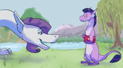 Size: 500x278 | Tagged: safe, artist:pasu-chan, character:rarity, character:twilight sparkle, species:dragon, species:sea serpent, series:noodleverse, g4, alternate universe, dragonified, female, grass, magazine, river, species swap, tree
