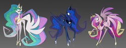 Size: 5200x2000 | Tagged: safe, artist:pointdelta, character:princess cadance, character:princess celestia, character:princess luna, species:alicorn, species:pony, g4, clothing, crown, female, gradient background, gray background, hoof shoes, jewelry, long legs, long tail, looking at you, mare, necklace, peytral, profile, regalia, shoes, simple background, skinny, stylized, tail, tall, thin, thin legs, trio