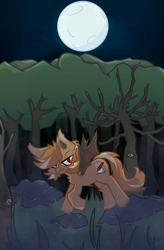 Size: 640x978 | Tagged: safe, artist:foxtrnal, oc, oc only, oc:amber wings, oc:max, species:bat pony, species:pony, g4, bat ponified, fluffy, forest background, freckles, grass, looking at you, male, moon, night, race swap, red eyes, reddit, rock, solo, stallion, stars