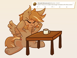Size: 640x486 | Tagged: safe, artist:foxtrnal, oc, oc only, oc:amber wings, oc:max, species:pegasus, species:pony, comments, cream background, cute, ear fluff, freckles, heart hoof, hooves on cheeks, male, mug, ocbetes, pegasus oc, reddit, simple background, sitting, solo, stallion, table