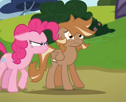 Size: 640x518 | Tagged: safe, artist:foxtrnal, edit, edited screencap, screencap, character:pinkie pie, oc, oc:amber wings, oc:max, species:earth pony, species:pegasus, species:pony, episode:rock solid friendship, g4, my little pony: friendship is magic, angry, duo, duo male and female, female, floppy ears, male, mare, pegasus oc, reddit, screenshot redraw, scrunchy face, stallion, three quarter view, uncomfortable