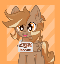 Size: 3108x3308 | Tagged: safe, artist:foxtrnal, part of a set, oc, oc only, oc:amber wings, oc:max, species:pegasus, species:pony, alternate versions at source, ear fluff, frame, freckles, male, pegasus oc, reddit, sign, solo, stallion, striped background