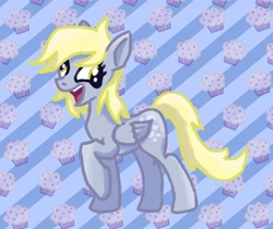 Size: 2376x1992 | Tagged: safe, artist:foxtrnal, character:derpy hooves, species:pegasus, species:pony, g4, abstract background, cute, derpabetes, female, food, mare, muffin, open mouth, open smile, raised hoof, reddit, smiling, solo, striped background, three quarter view