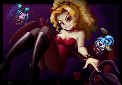Size: 1435x1000 | Tagged: safe, artist:the-park, character:adagio dazzle, character:aria blaze, character:sonata dusk, species:human, g4, my little pony:equestria girls, boots, bracelet, breasts, busty adagio dazzle, chibi, cleavage, clothing, costume, eyebrows, eyelashes, female, grin, halloween, halloween costume, holiday, humanized, jewelry, leotard, looking at you, nail polish, pantyhose, pigtails, ponytail, questionable source, shoes, simple background, smiling, solo focus, species swap, spiked headband, spiked wristband, that siren sure does love tacos, trident, trio, twintails, wristband