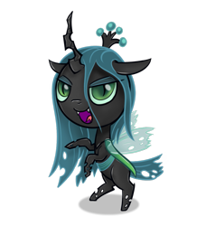 Size: 949x1039 | Tagged: safe, artist:celsian, character:queen chrysalis, species:changeling, g4, bipedal, canterlot wedding 10th anniversary, changeling queen, chibi, crown, cute, cute little fangs, cutealis, doodle, fangs, female, floppy ears, horn, jewelry, looking at you, open mouth, regalia, sharp teeth, simple background, slit eyes, solo, tail, transparent background, wings