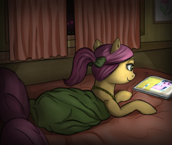 Size: 1211x1016 | Tagged: safe, artist:celsian, character:lemon hearts, character:posey bloom, character:twilight sparkle, character:twilight sparkle (unicorn), species:earth pony, species:pony, species:unicorn, g4, g5, bed, blanket, bow, curtains, female, hair bow, jewelry, lying down, mare, mlp fim's twelfth anniversary, necklace, night, ponytail, solo, tablet, video, watching tv, window