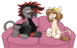 Size: 2606x1642 | Tagged: safe, artist:moonatik, derpibooru original, oc, oc:celia montigre, oc:scorp1.0, species:earth pony, species:griffon, species:pony, clothing, commission, conversation, couch, duo, duo male and female, eyes closed, folded wings, hat, hoodie, hooves, leonine tail, one hoof raised, open mouth, simple background, sitting, sunglasses, tail, transparent background, wings