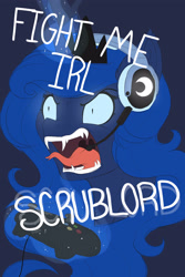 Size: 2000x3000 | Tagged: safe, artist:evehly, character:princess luna, species:alicorn, species:pony, gamer luna, g4, angry, controller, crown, dialogue, fangs, female, forked tongue, glowing horn, headphones, headset, jewelry, magic, mare, microphone, rage, reeee, regalia, sharp teeth, solo, teeth, telekinesis, yelling