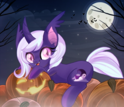 Size: 2553x2206 | Tagged: safe, artist:spookyle, oc, oc only, oc:spectra, species:bat pony, species:pony, species:unicorn, g4, bat, bat pony oc, bat pony unicorn, cute, female, food, halloween, holiday, jack-o-lantern, looking at you, mare, moon, ocbetes, open mouth, open smile, pumpkin, smiling, solo