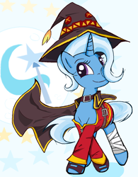 Size: 1000x1280 | Tagged: safe, artist:sallycars, character:trixie, species:pony, species:unicorn, g4, abstract background, clothing, costume, cute, cutie mark, cutie mark background, diatrixes, digital art, female, hat, mare, ms paint, smiling, solo, trixie day, witch costume, witch hat