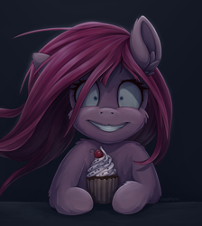 Size: 1118x1248 | Tagged: safe, artist:zeepheru_pone, character:pinkamena diane pie, character:pinkie pie, species:earth pony, species:pony, fanfic:cupcakes, g4, :3, adoracreepy, cheek fluff, cherry, creepy, cupcake, cute, dark background, ear fluff, female, fluffy, food, front view, full face view, looking at you, mare, shrunken pupils, smiling, solo, straight hair, windswept mane