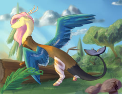Size: 1280x984 | Tagged: safe, artist:pasu-chan, character:fluttershy, species:draconequus, series:noodleverse, g4, alternate universe, draconequified, female, fern, log, majestic, mushroom, solo, species swap, sunlight, tree