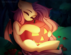 Size: 3840x2964 | Tagged: safe, artist:tatar.sauce, character:flutterbat, character:fluttershy, species:bat, species:bat pony, species:pony, g4, apple, bat ponified, bat wings, cute, eyes closed, food, halloween, holiday, jack-o-lantern, night, pumpkin, race swap, shyabetes, smiling, solo, wings