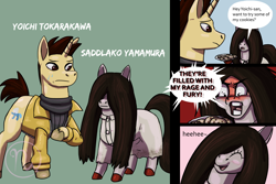 Size: 3000x2000 | Tagged: safe, artist:azurllinate, species:earth pony, species:pony, species:unicorn, g4, angry, clothing, cookie, dialogue, dress, female, food, ghost, ghost pony, giggling, hair over eyes, horn, jacket, long mane, long tail, male, mare, meme, nervous, plate, rage, rage face, red face, sadako, simple background, smiling, speech, speech bubble, stallion, sweat, sweater, tail, talking, text, the ring, undead, yelling, yoichi asakawa