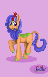 Size: 1280x2048 | Tagged: safe, artist:maslivka, oc, oc only, oc:tawny limelight, species:kirin, g4, cloven hooves, colored hooves, cute, female, flower, holding, hooves, kirin oc, lavender background, looking sideways, mouth hold, non-pony oc, ocbetes, raised hoof, signature, simple background, solo, text, three quarter view