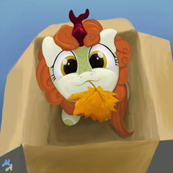 Size: 1280x1280 | Tagged: safe, artist:maslivka, character:autumn blaze, species:kirin, g4, awwtumn blaze, box, cute, female, holding, in a box, leaf, looking at you, looking up, looking up at you, mouth hold, signature, solo