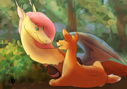 Size: 1280x899 | Tagged: safe, artist:pasu-chan, character:applejack, character:fluttershy, species:deer, species:draconequus, series:noodleverse, ship:appleshy, g4, alternate universe, deerified, draconequified, female, forest, interspecies, lesbian, looking at each other, lying down, shipping, species swap, tree