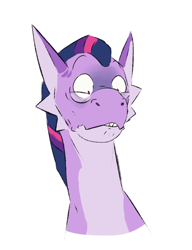 Size: 500x652 | Tagged: safe, artist:pasu-chan, character:twilight sparkle, species:dragon, series:noodleverse, g4, alternate universe, bust, dragonified, female, horrified, offscreen character, offspring, panic, panicking, species swap