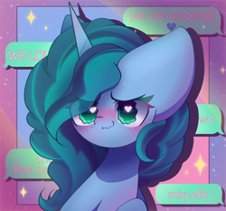 Size: 2250x2100 | Tagged: safe, artist:miryelis, character:misty brightdawn, species:pony, species:unicorn, g5, my little pony: make your mark, big ears, blushing, cute, eye clipping through hair, female, freckles, heart, heart eyes, impossibly large ears, looking at you, mare, message, mistybetes, shy, smiling, smiling at you, solo, text, wingding eyes
