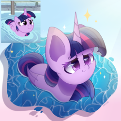 Size: 2400x2400 | Tagged: safe, artist:miryelis, screencap, character:twilight sparkle, character:twilight sparkle (alicorn), species:alicorn, species:pony, episode:deep tissue memories, g4, spoiler:deep tissue memories, big ears, colored pupils, cute, female, horn, impossibly large ears, looking at you, looking up, looking up at you, mare, scene interpretation, screencap reference, simple background, smiling, solo, sparkles, swimming, twiabetes, water