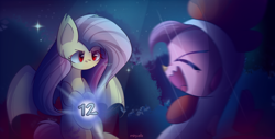 Size: 2550x1300 | Tagged: safe, alternate version, artist:miryelis, character:flutterbat, character:fluttershy, character:pinkie pie, species:bat pony, species:earth pony, species:pegasus, species:pony, g4, animal costume, bat ponified, chicken suit, clothing, costume, female, halloween, halloween costume, holiday, laughing, mare, mlp fim's twelfth anniversary, numbers, open mouth, race swap, red eyes, scared, spread wings, tree, wings
