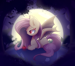 Size: 2050x1800 | Tagged: safe, artist:miryelis, character:flutterbat, character:fluttershy, species:bat pony, species:pony, g4, apple, bat, bat ponified, bat wings, big ears, cute, female, food, forest, halloween, holiday, long hair, lying down, mare, moon, profile, prone, race swap, red eyes, shyabetes, smiling, solo, spread wings, wings