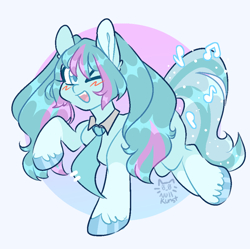 Size: 968x964 | Tagged: safe, artist:nullkunst, species:earth pony, species:pony, g4, abstract background, blushing, colored hooves, female, hatsune miku, hooves, looking at you, mare, open mouth, raised hoof, signature, solo, unshorn fetlocks, vocaloid