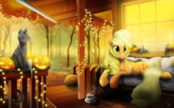 Size: 1600x992 | Tagged: safe, artist:dormin-dim, character:applejack, species:earth pony, species:pony, g4, candle, cat, couch, female, food, forest, halloween, holiday, jack-o-lantern, lying down, mare, prone, pumpkin, signature, solo, string lights