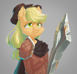 Size: 1873x1795 | Tagged: safe, artist:haku nichiya, character:applejack, species:anthro, species:earth pony, g4, female, gray background, mare, simple background, solo, sword, three quarter view, weapon
