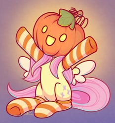 Size: 1120x1200 | Tagged: safe, artist:wavecipher, character:fluttershy, species:pegasus, species:pony, g4, clothing, cute, female, food, halloween, holiday, pumpkin, shyabetes, socks, solo, wings