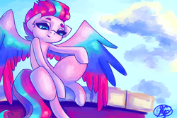 Size: 3600x2400 | Tagged: safe, artist:mannybcadavera, character:zipp storm, species:pegasus, species:pony, g5, cloud, colored eyebrows, colored wings, eyebrows, female, lidded eyes, looking at you, looking down, looking down at you, mare, multicolored wings, roof, signature, sitting, sky, smiling, smiling at you, solo, spread wings, wings