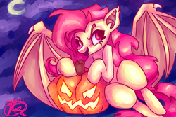 Size: 3600x2400 | Tagged: safe, artist:mannybcadavera, character:flutterbat, character:fluttershy, species:bat pony, species:pony, g4, bat ponified, bat wings, crescent moon, female, food, halloween, high res, holiday, jack-o-lantern, looking at you, mare, moon, night, pumpkin, race swap, signature, solo, three quarter view, wings