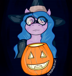 Size: 2382x2480 | Tagged: safe, artist:badmovieknight, character:izzy moonbow, species:pony, species:unicorn, g5, my little pony: a new generation, bust, clothing, eyebrows, eyebrows visible through hair, food, front view, full face view, glasses, gradient hair, halloween, hat, holiday, jack-o-lantern, looking at you, multicolored hair, no pupils, pumpkin, signature, simple background, solo, witch, witch hat