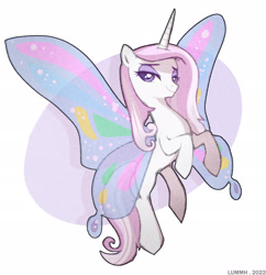 Size: 2160x2228 | Tagged: safe, artist:lummh, character:fleur-de-lis, species:pony, species:unicorn, g4, artificial wings, augmented, eyebrows, eyelashes, eyeshadow, female, flying, horn, looking sideways, magic wings, makeup, mare, simple background, smiling, smug, solo, spread wings, white background, wings