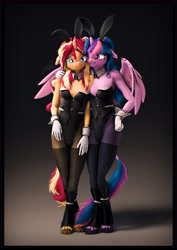 Size: 4000x5656 | Tagged: safe, artist:imafutureguitarhero, character:sunset shimmer, character:twilight sparkle, character:twilight sparkle (alicorn), character:twilight sparkle (scitwi), species:alicorn, species:anthro, species:classical unicorn, species:eqg human, species:pony, species:unguligrade anthro, g4, my little pony:equestria girls, absolute cleavage, alicornified, breasts, bunny ears, bunny suit, cleavage, clothing, cloven hooves, collar, costume, duo, duo female, equestria girls ponified, explicit source, female, females only, fishnets, floppy ears, gloves, hair bun, hooves, horn, hug, leonine tail, leotard, mare, not sure if want, ponified, race swap, scitwilicorn, scrunchy face, shoulder fluff, socks, species swap, tail, tights, unshorn fetlocks, wavy mouth, wings